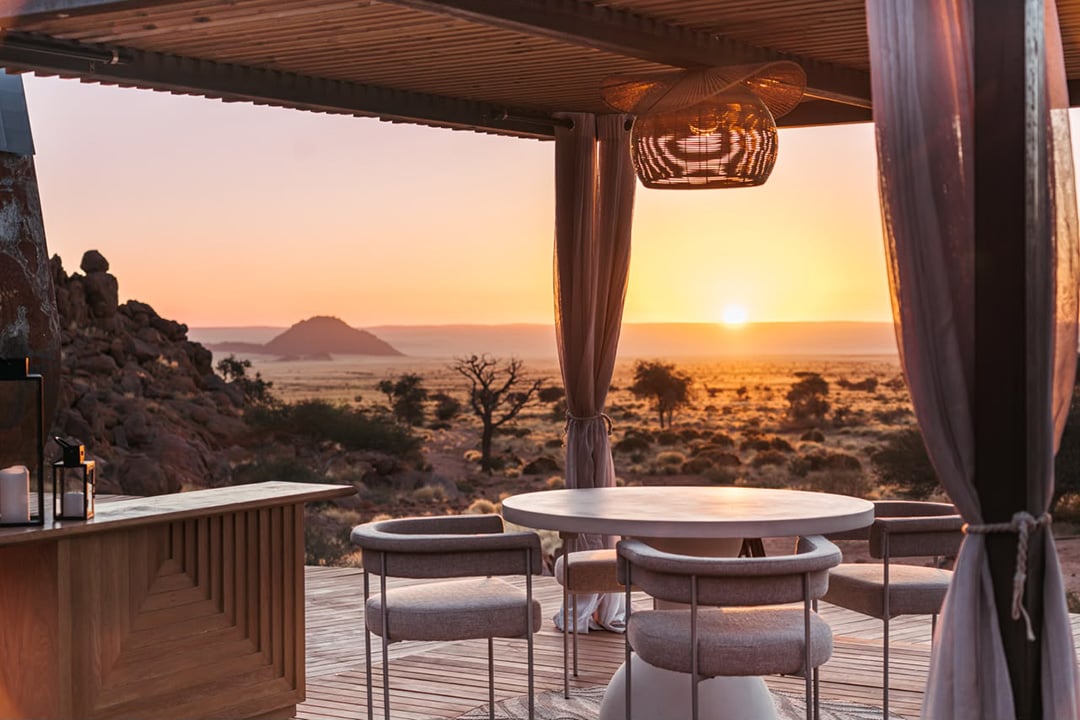 Sunset over Luna Namib Collection, view from veranda, Namibia