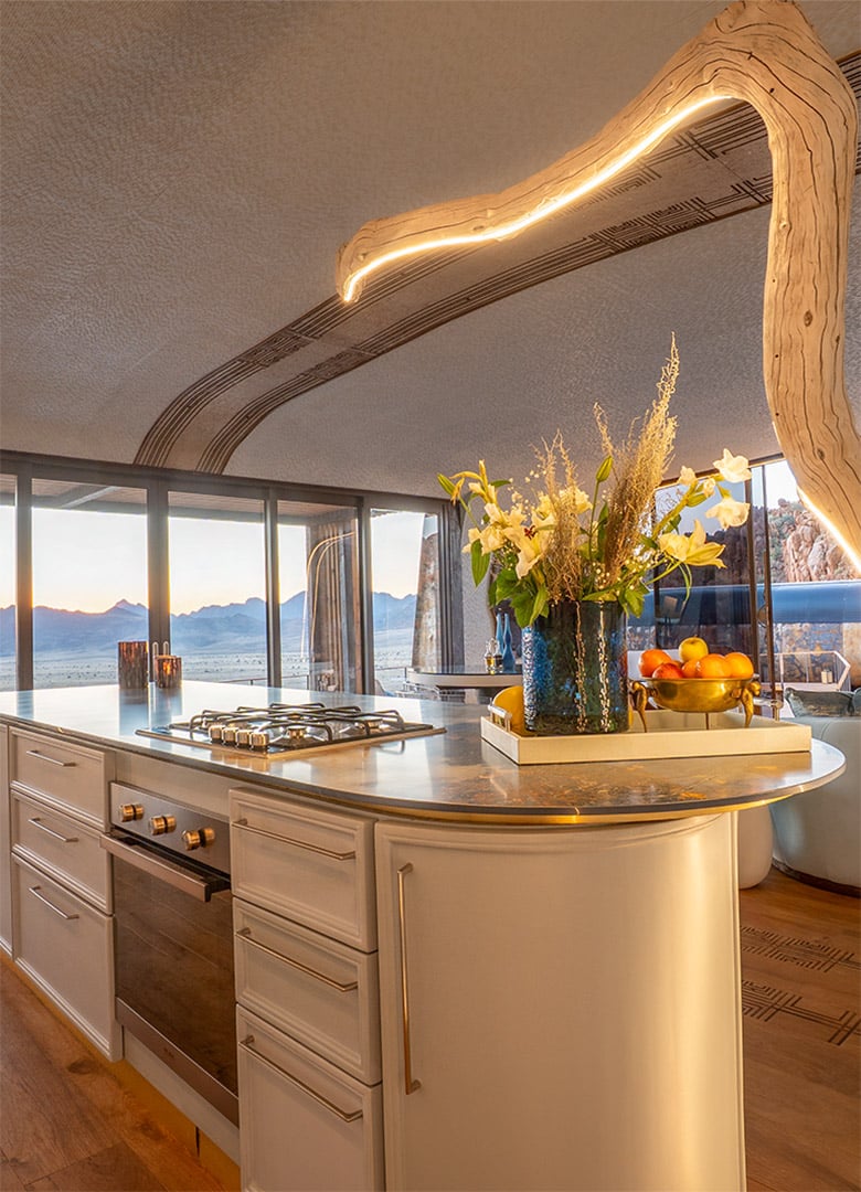 Luna Namib Collection private luxury villa open plan lounge and kitchen, Namibia