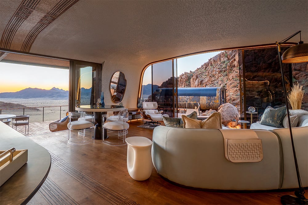 Luna Namib Collection private luxury villa lounge with beautiful view of the Namib, Namibia