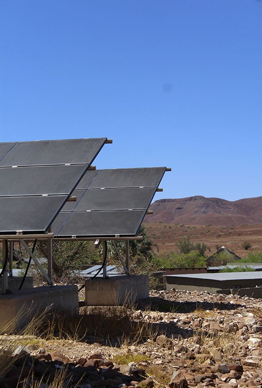 Solar panels in the landscape at Palmwag Lodge & Camp, Namibia
