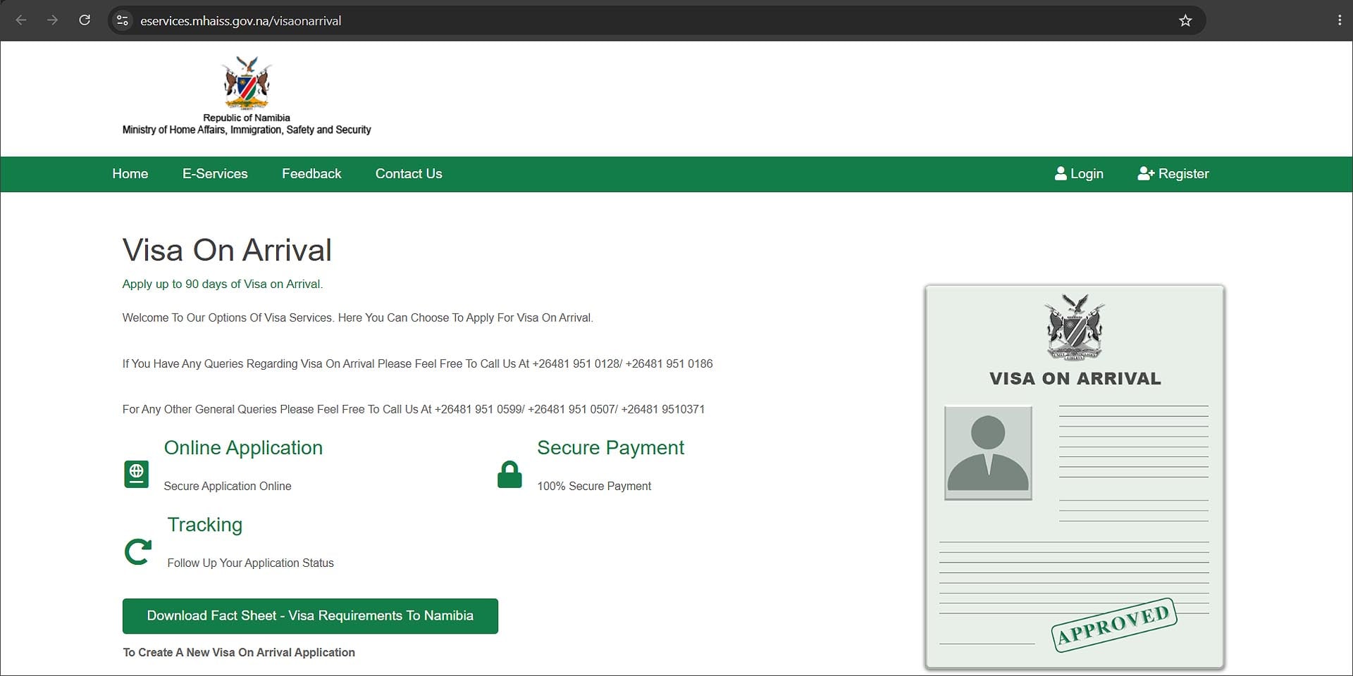 Hakt seit Software-Update Ende Mai Website zur Beantragung des namibischen Visa on Arrival VoA Foto Screenshot Webseite Einreisebehörde Namibias